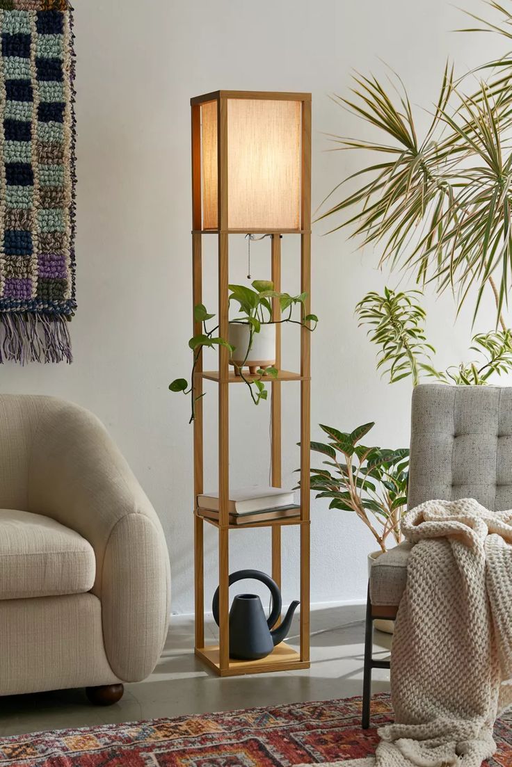 Wooden Floor Lamp with Shelf for Bedroom , Living Room