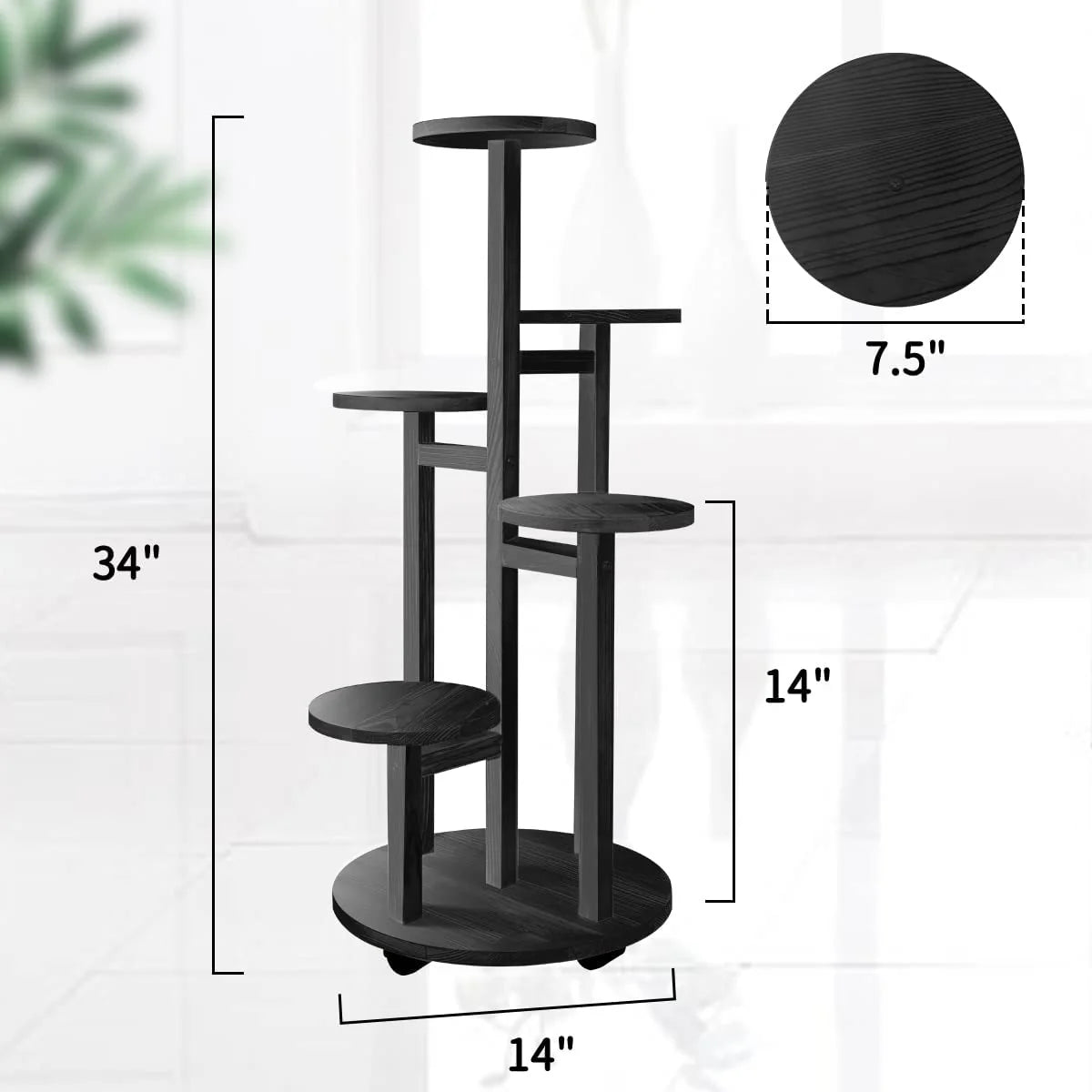 5 Tier Wooden Round Flower Plant Stand For Living Room, Office, Balcony