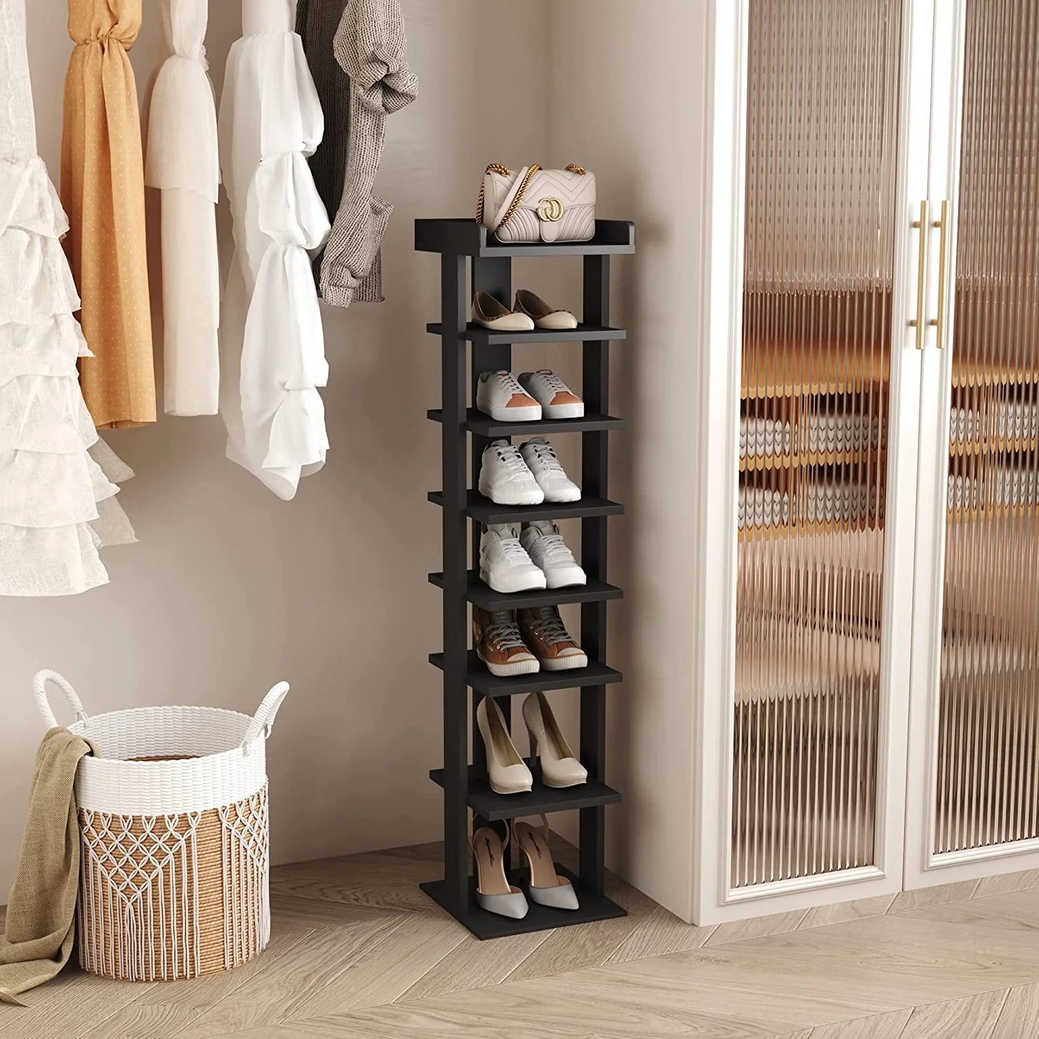 Wooden 7 Tiers Vertical Shoe Rack, Wooden Shoes Racks Organizer