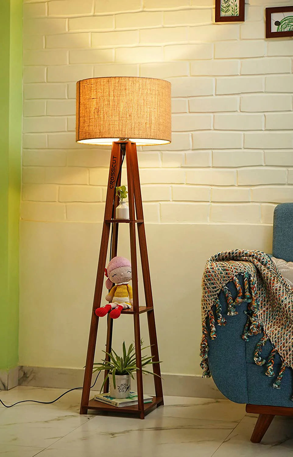 Wooden Floor Lamp with Shelf (Brown White)