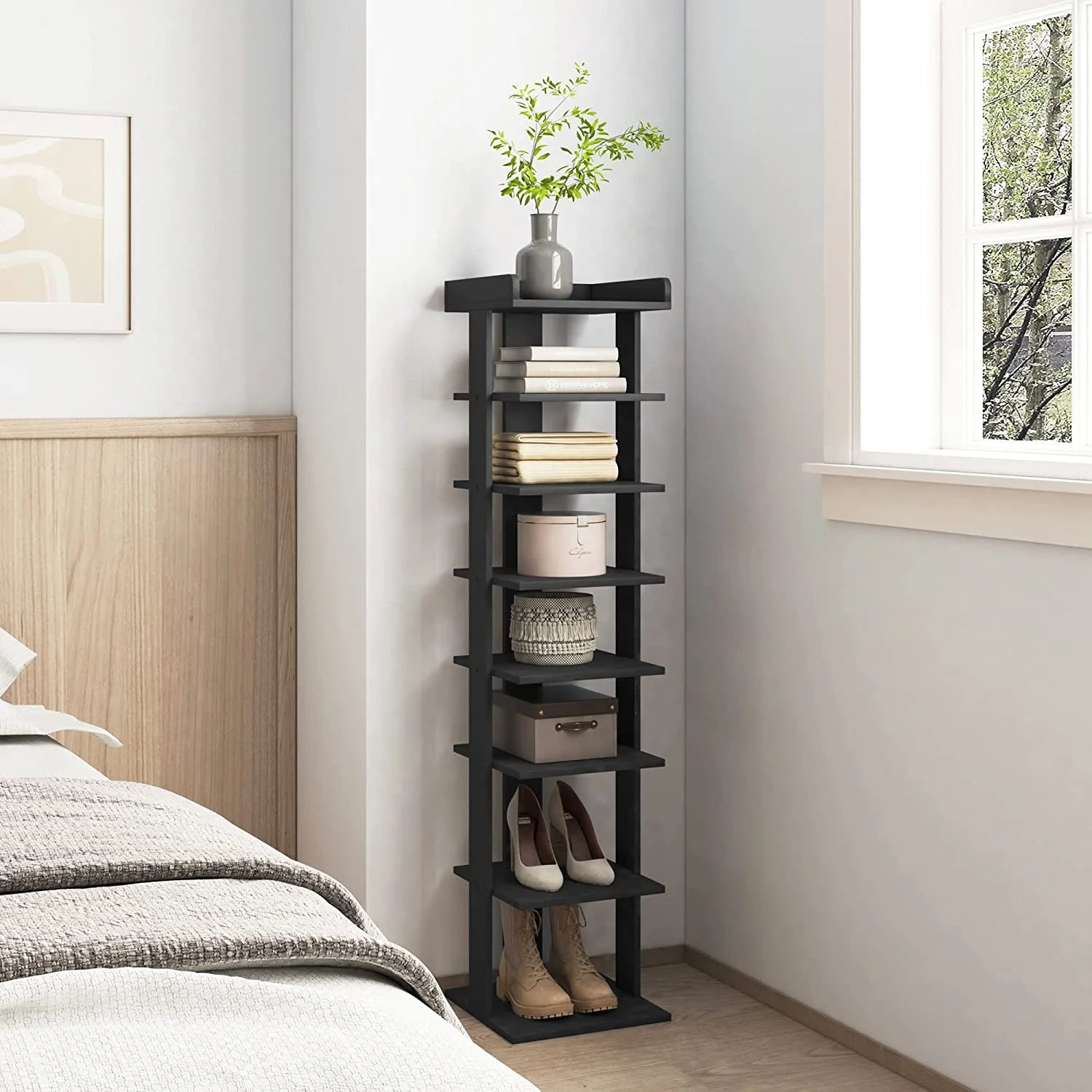 Wooden 7 Tiers Vertical Shoe Rack, Wooden Shoes Racks Organizer