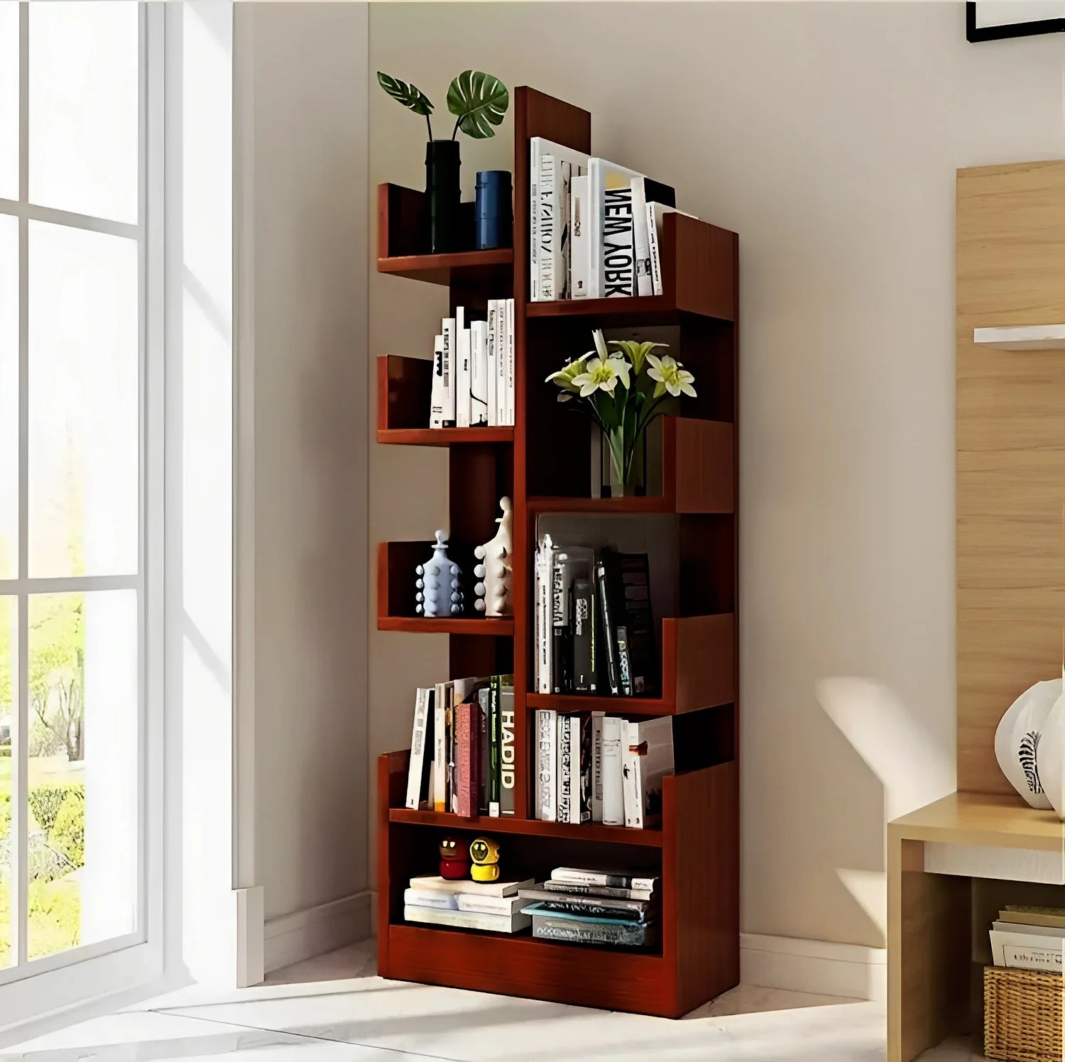 6 Tier L-Shaped Wooden Bookshelf