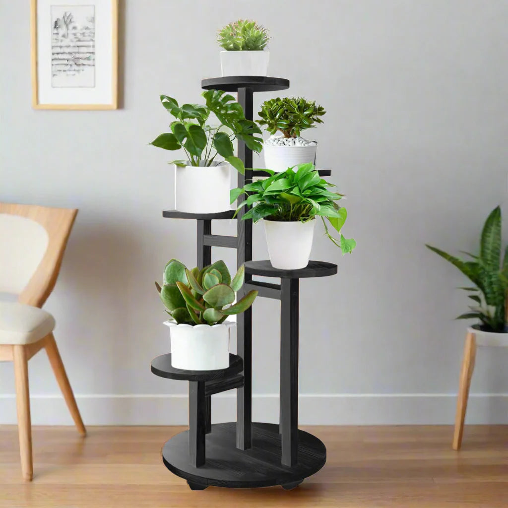 5 Tier Wooden Round Flower Plant Stand For Living Room, Office, Balcony