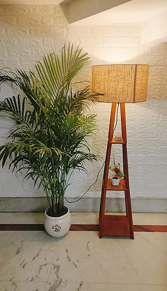 Wooden Floor Lamp With Jute Shade, Bulb And Holder