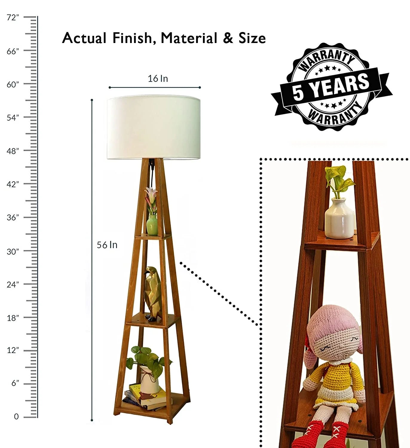 Wooden Floor Lamp with Shelf (Brown White)