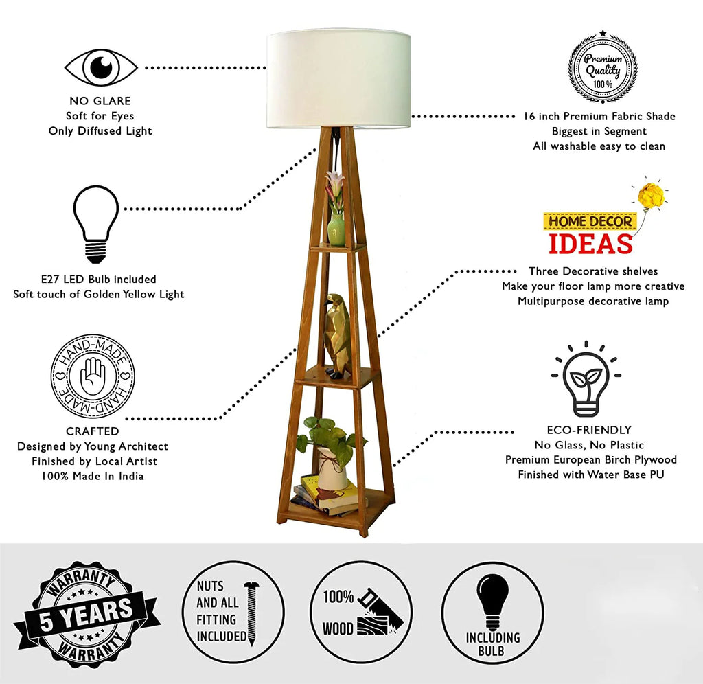 Wooden Floor Lamp with Shelf (Brown White)