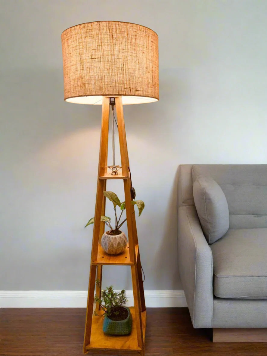 Wooden Floor Lamp With Jute Shade, Bulb And Holder