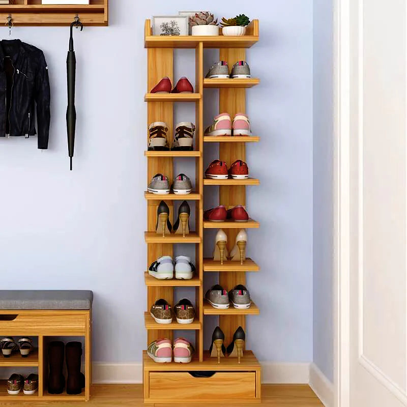Double Row Wooden Shoe Rack With Box / Slippers Storage Shelves Organizer