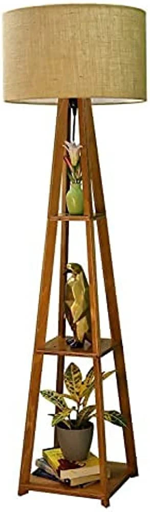 Wooden Floor Lamp With Jute Shade, Bulb And Holder