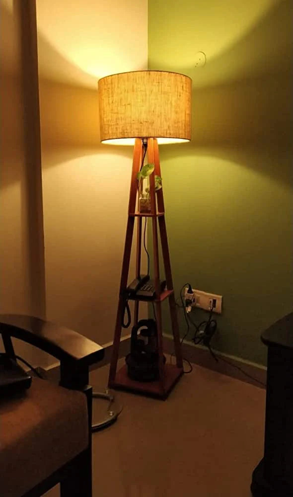 Wooden Floor Lamp With Jute Shade, Bulb And Holder